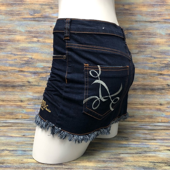 Denim Mini Skirt Embroidered Fringe Raw Hem - Picture 9 of 13